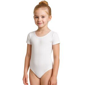Capezio Childs S 4-6 Leotard White Short Sleeve Scoop Neck Dance Lined Front
